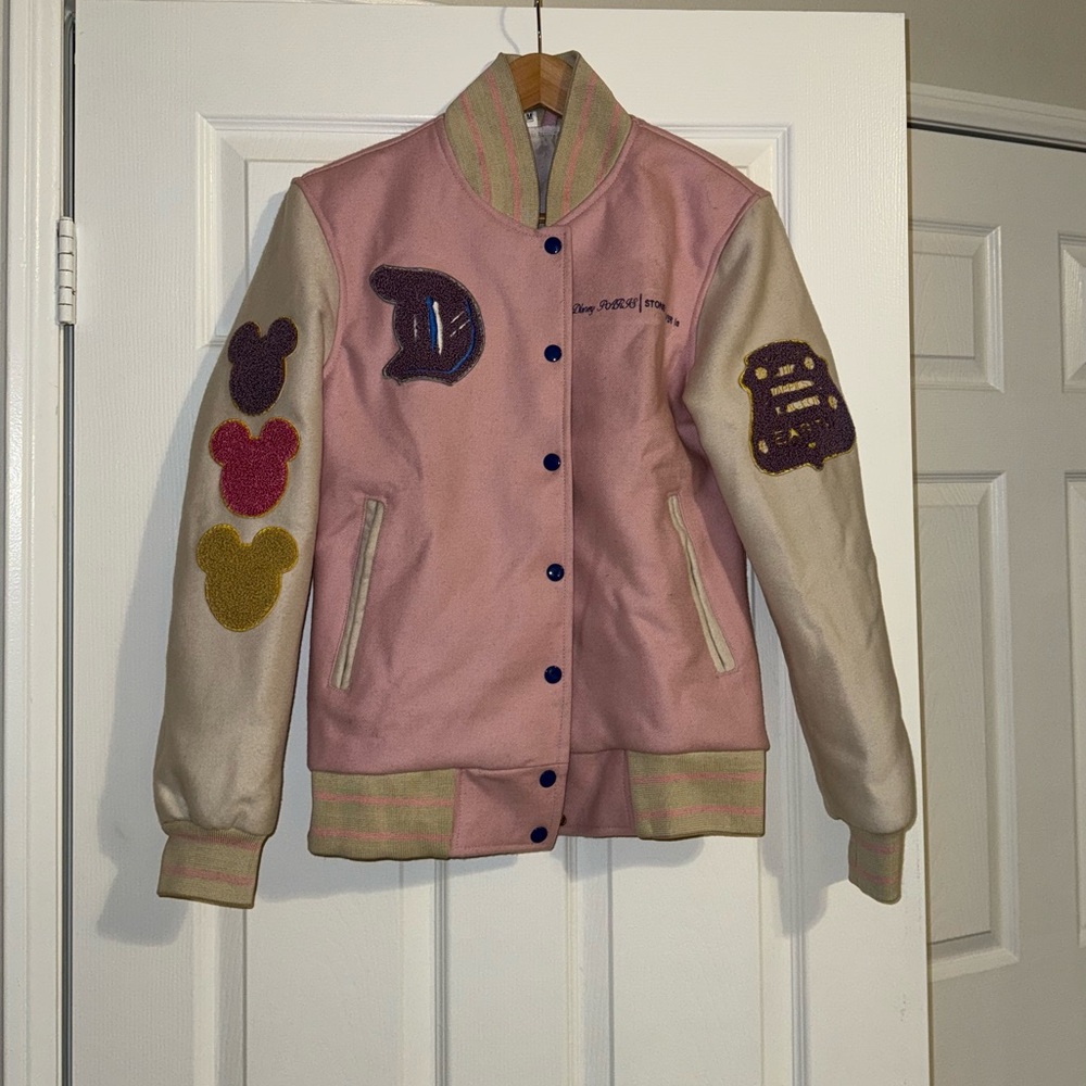 Stoney Clover replica Pink and Cream Varsity Jacket with Patch Details